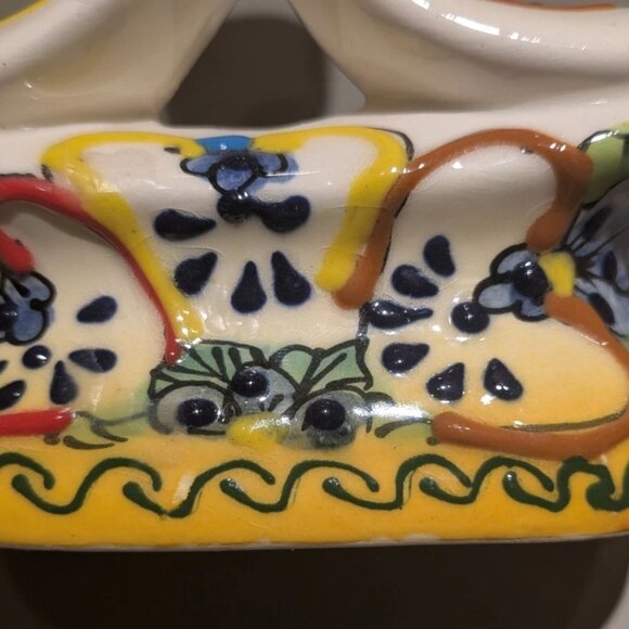 Mexican Folk Art Multi Color Talavera Pottery 3 Arm Candelabra Gold Cobalt Blue - Picture 4 of 5